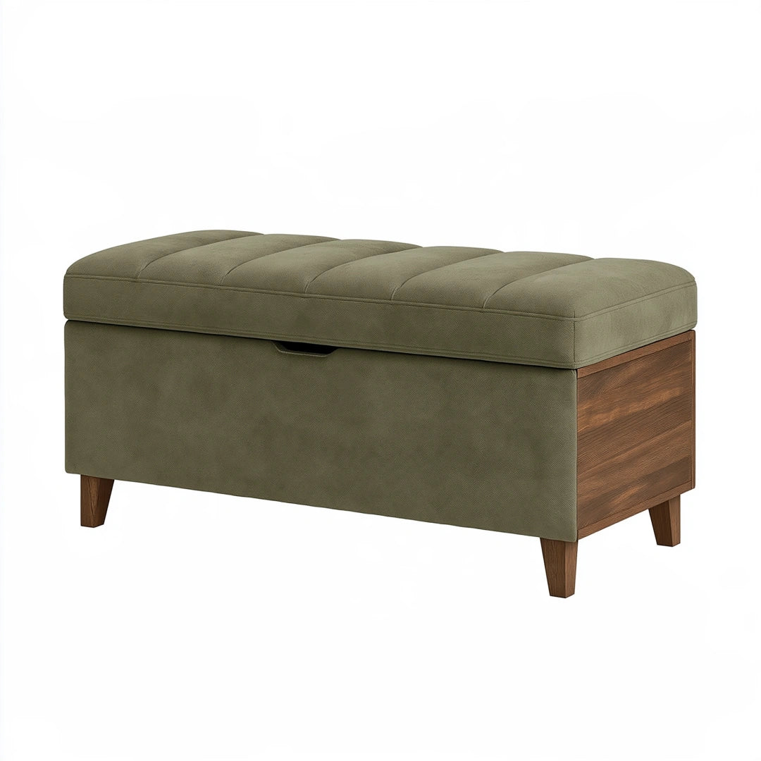 Sitzbank 100 x 45 x 46 cm olivgrüner Stoff Holz mit Stauraum
