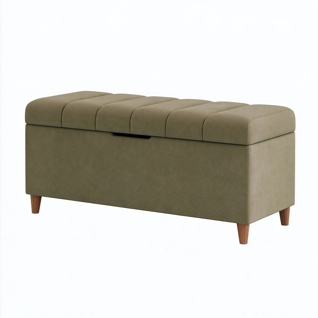 Sitzbank mit Stauraum 120 x 45 x 48 cm olivgrüner Textilbezug gepolstert mit Holzfüßen