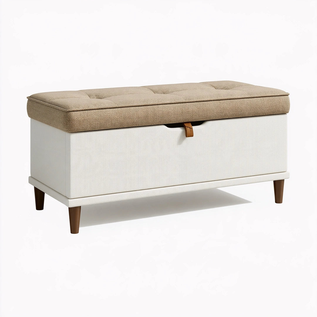 Sitzbank 100 x 40 x 48 cm Textil Beige Weiß mit Stauraum Modern – yarqelix
