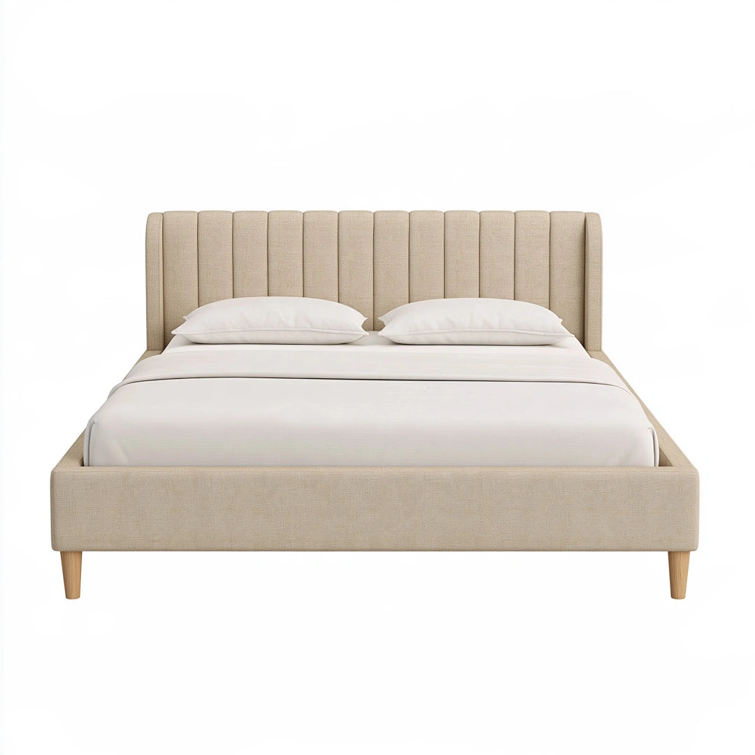Polsterbett 160 x 200 cm Beige Stoff mit vertikal gestepptem Kopfteil