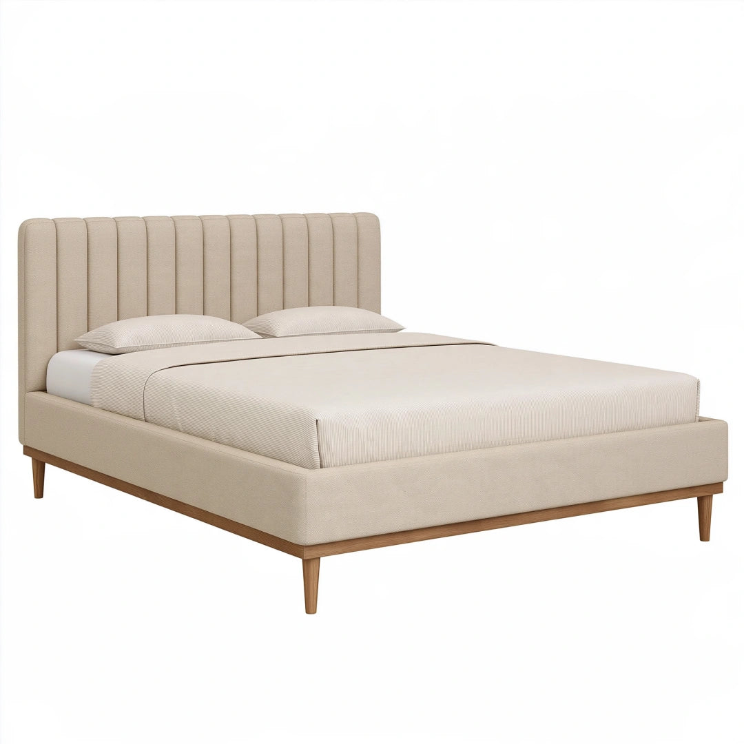 Polsterbett 160 x 200 cm Beige Stoff Holzfüße mit gepolstertem Kopfteil