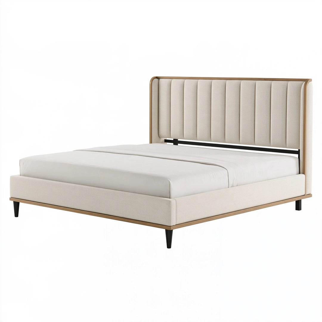 Polsterbett 160 x 200 cm Beige Stoff Holzoptik - modernes Bettgestell mit gepolstertem Kopfteil